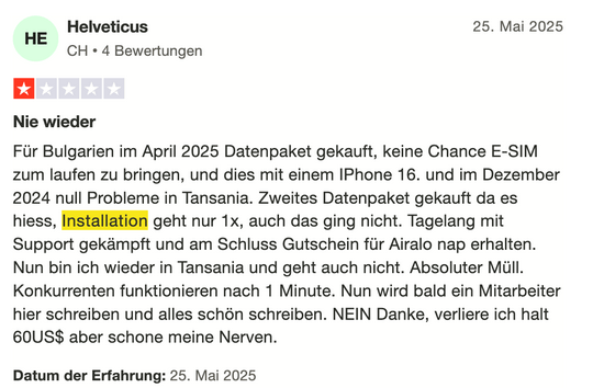 Airalo Nutzermeinung auf Trustpilot