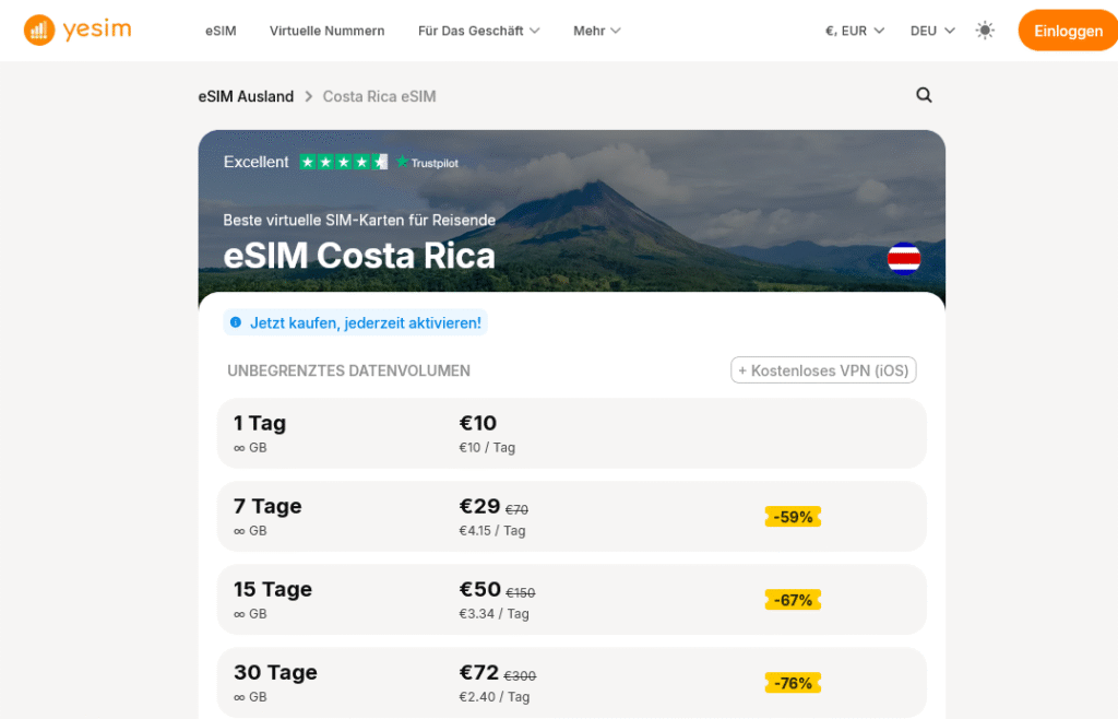 eSIM-Anbieter Costa Rica: Yesim