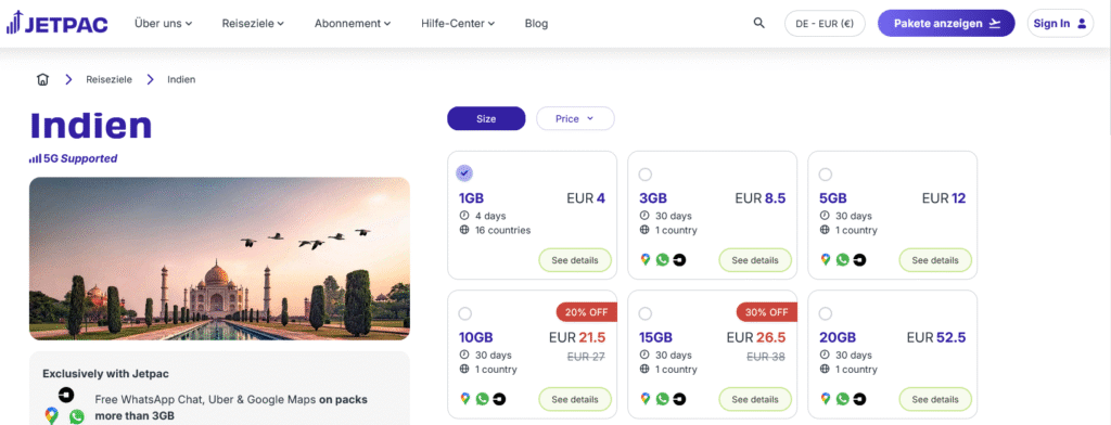 eSIM-Anbieter Indien: Jetpac