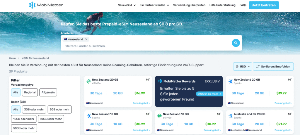 eSIM-Anbieter Neuseeland: MobiMatter