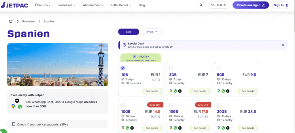 eSIM-Anbieter Spanien: Jetpac