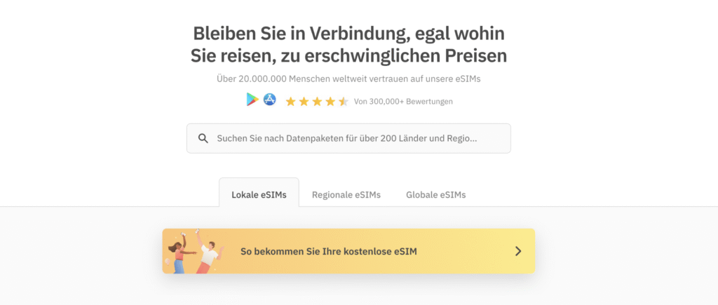 Airalo Startseite mit eSIM-Suche.