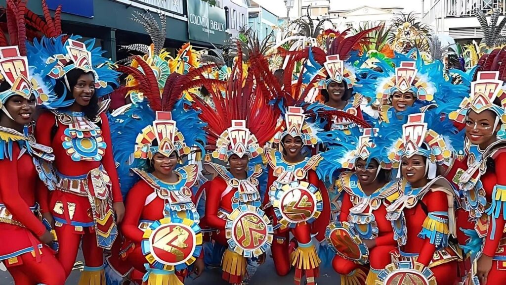 Teilnehmerinnen des Bahamas Junkanoo Festivals in farbenfrohen Kostümen mit Federn und traditionellem Schmuck – beste Reisezeit Bahamas.