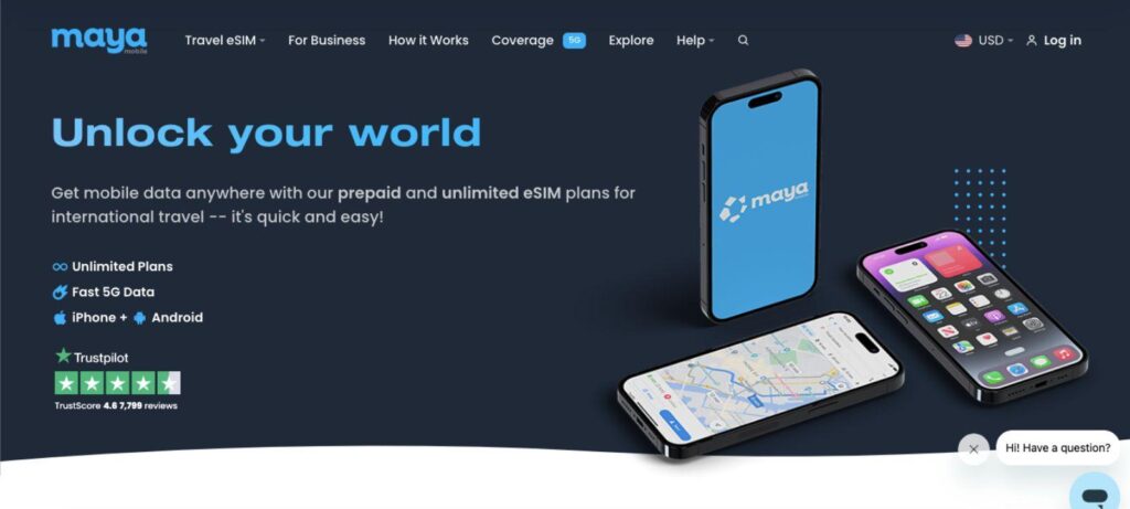 Maya Mobile Startseite mit eSIM-Angeboten.