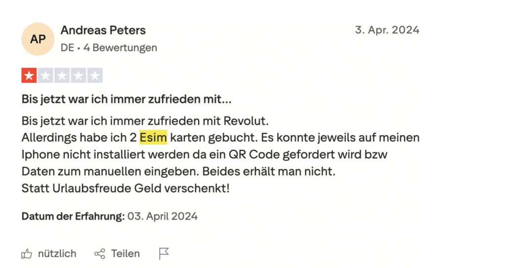 Negative Trustpilot-Bewertung zu Revolut eSIM von Andreas Peters: Probleme bei der Installation auf dem iPhone, fehlender QR-Code und manuelle Daten.