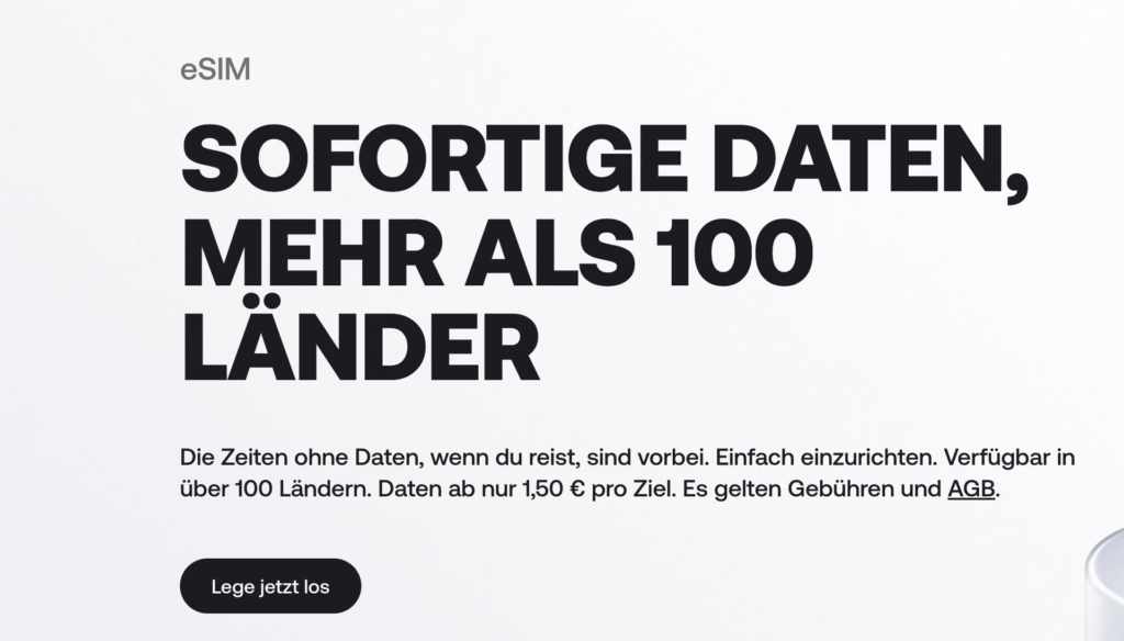 Revolut eSIM Angebot: Sofortige Daten in mehr als 100 Ländern, einfache Einrichtung, Preise ab 1,50 € pro Ziel.