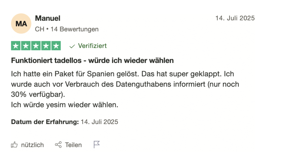 Trustpilot-Bewertung zu Yesim: 5 Sterne für ein Spanien-Datenpaket, lobt einfache Nutzung und Benachrichtigung zum verbleibenden Datenvolumen.