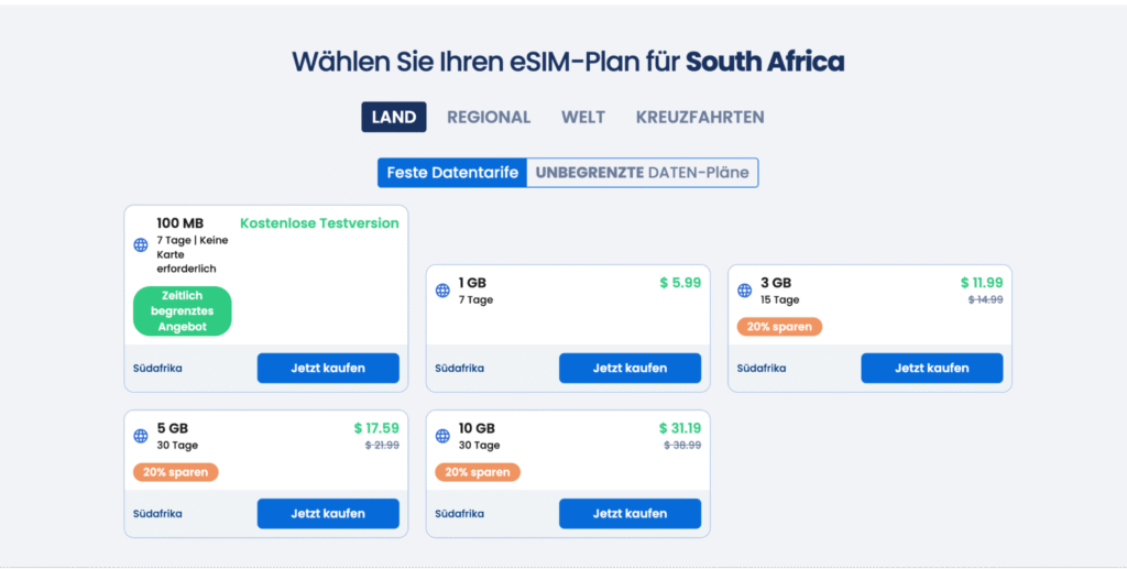 eSIM Südafrika Gigsky – lange Laufzeiten und internationale Nutzung