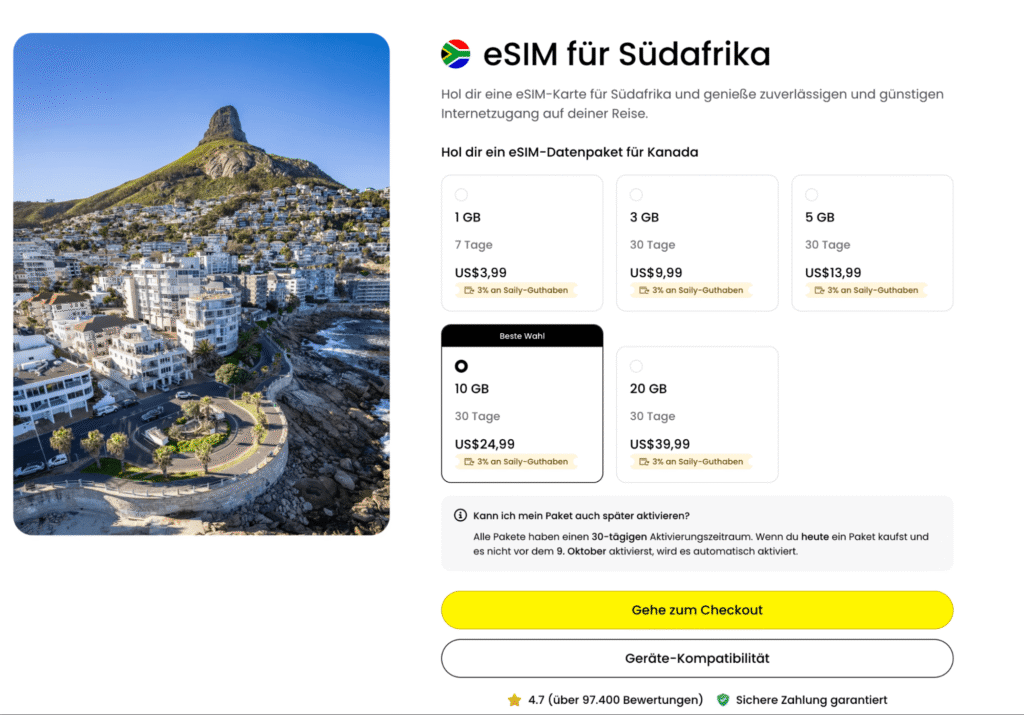 eSIM Südafrika Saily – sichere Verbindung und günstige Preise