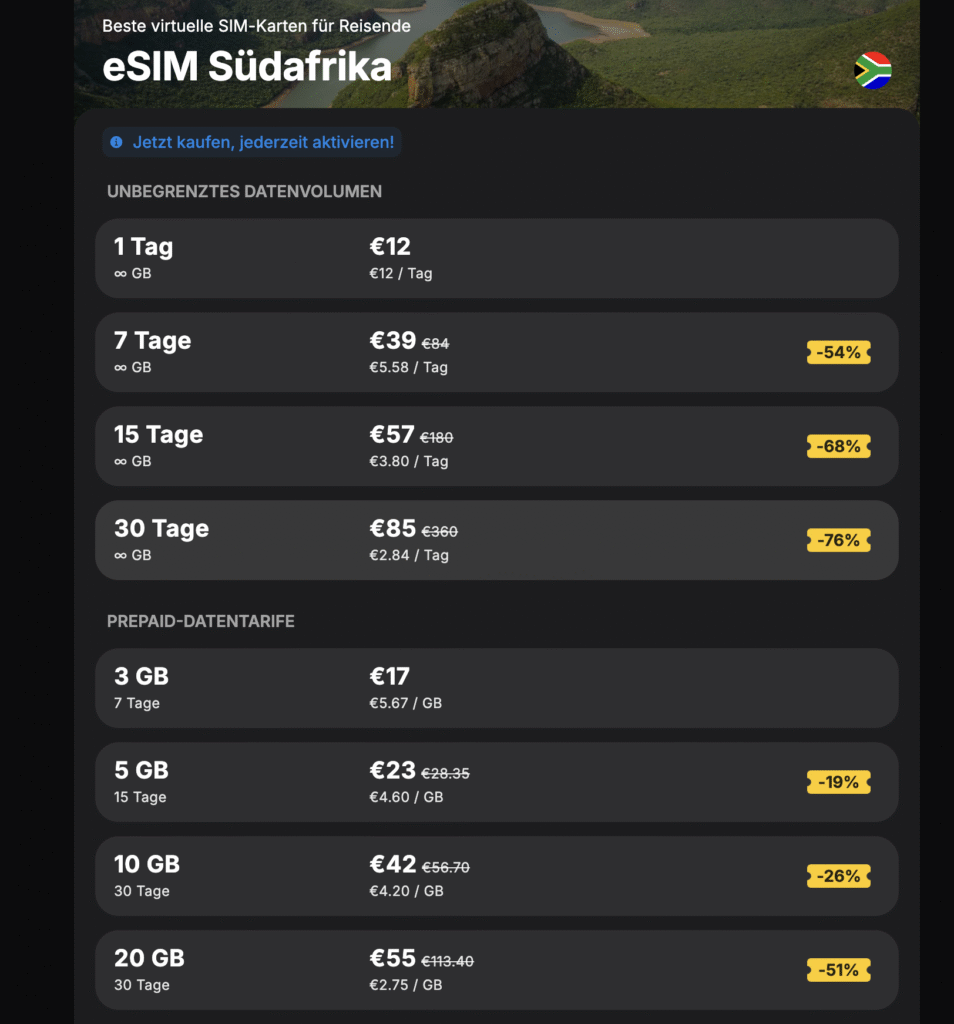 eSIM Südafrika Yesim – flexible Pläne und schnelle Aktivierung