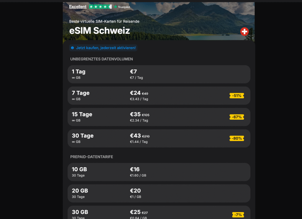 eSIM Schweiz Yesim – flexible Pläne und schnelle Aktivierung