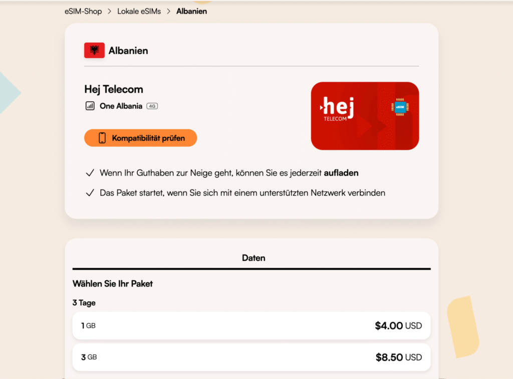 eSIM Albanien Airalo – kleine Prepaid Pakete für Kurzreisen
