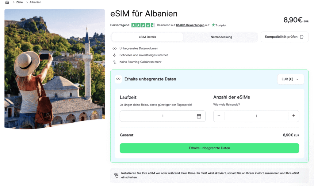 eSIM Albanien Holafly – unbegrenzte Daten und einfacher QR Code Aktivierung