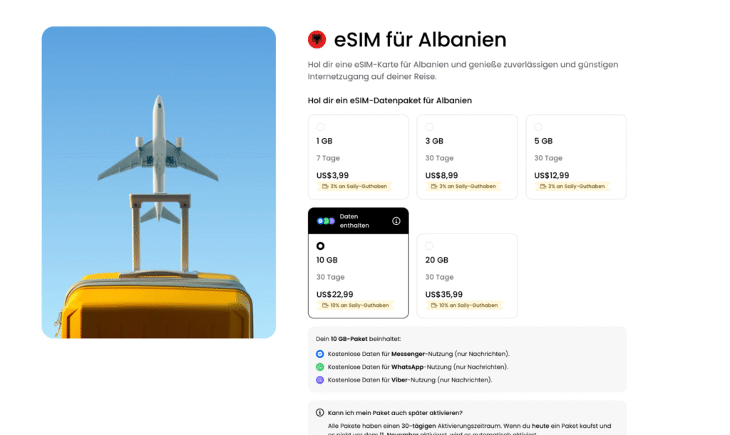 eSIM Albanien Saily – günstige Einstiegstarife von NordVPN Anbieter