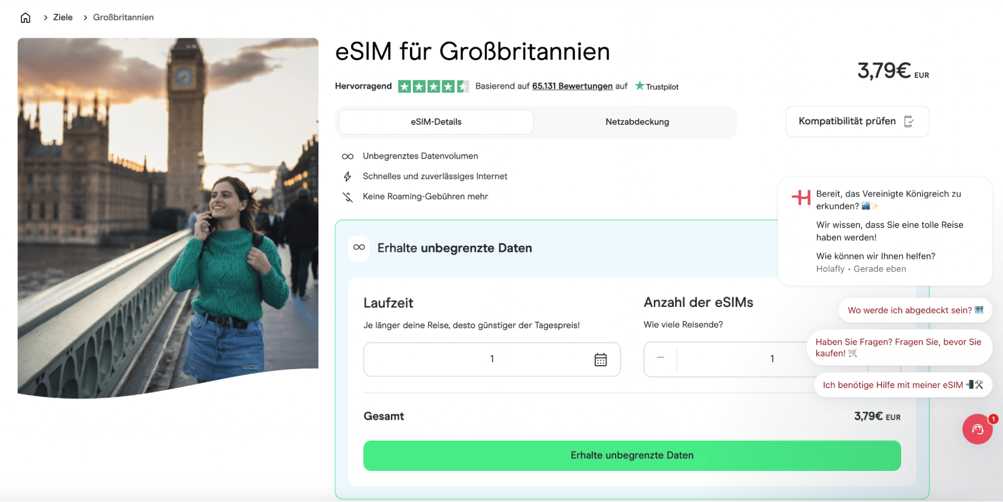 eSIM England Holafly – unbegrenzte Daten und 24/7 Support in ganz Großbritannien