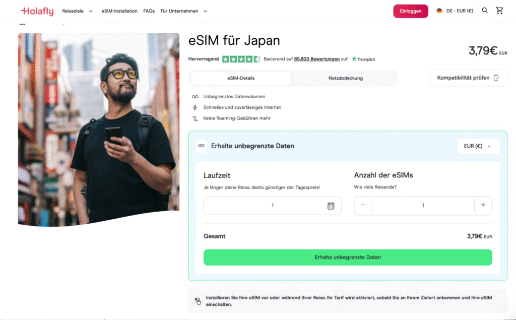 eSIM Japan Holafly – unbegrenzte Daten und 24/7 Support in allen Regionen