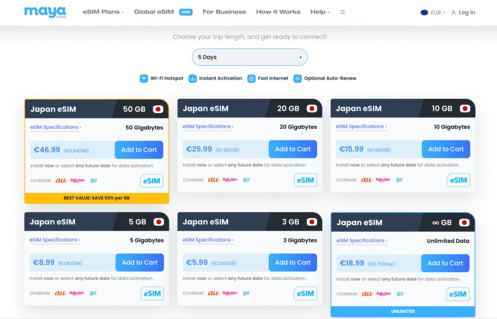 eSIM Japan Maya Mobile – flexible Laufzeiten bis zu 180 Tagen
