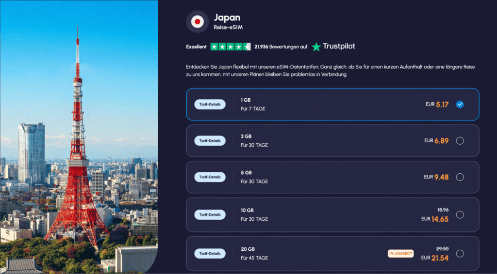 eSIM Japan Nomad – flexible Datenpakete mit Tethering Unterstützung