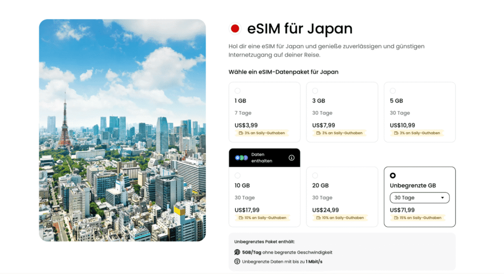 eSIM Japan Saily – unbegrenzte Daten für 30 Tage über NTT Docomo