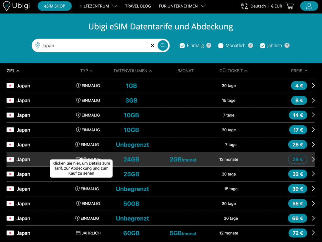 eSIM Japan Ubigi – Jahrespaket mit 4G und 5G Abdeckung