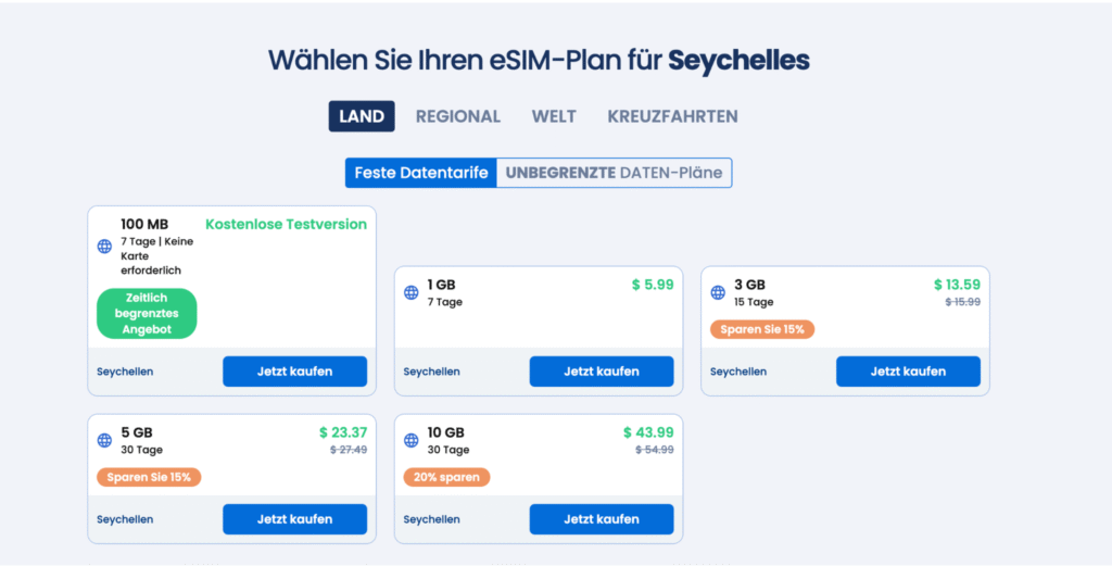 eSIM Seychellen GigSky – Unlimited Optionen und kostenlose Testversion