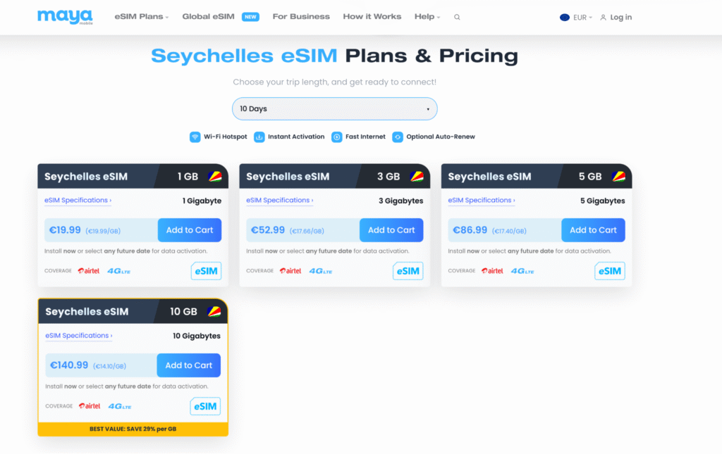 eSIM Seychellen Maya Mobile – flexible Laufzeiten und 24 Stunden Support