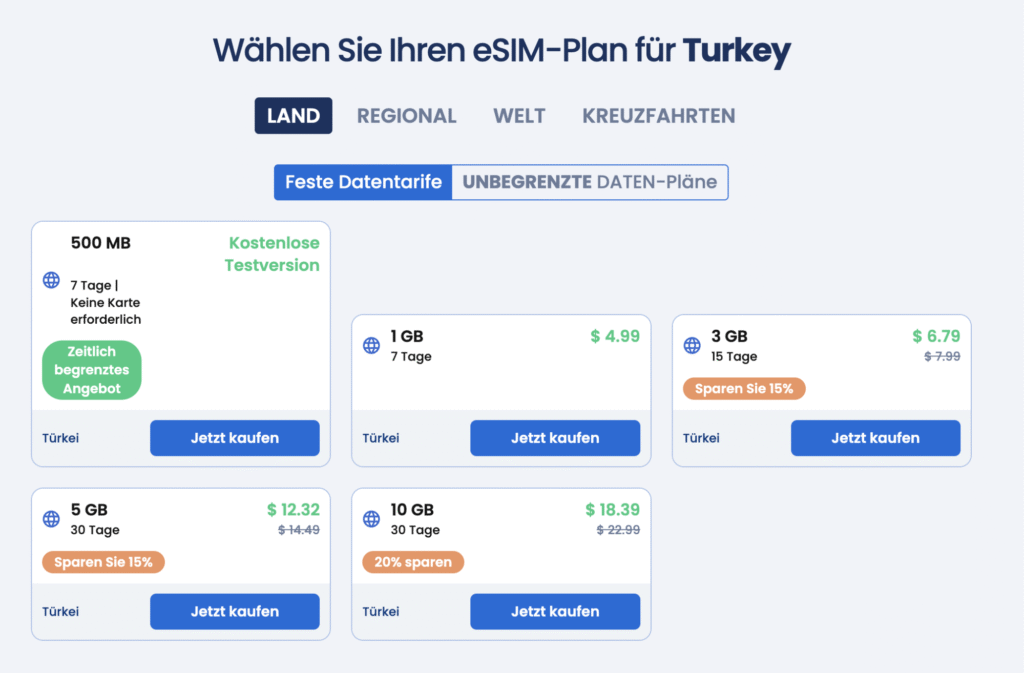 eSIM Türkei GigSky – Multi-Country-Lösung mit Testversion und 4G-Abdeckung
