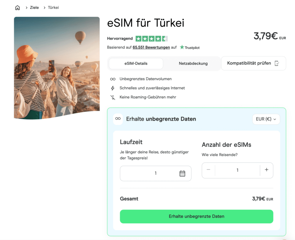 eSIM Türkei Holafly – unbegrenzte Daten und 24/7 deutschsprachiger Support