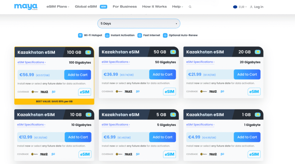 eSIM Kasachstan Maya Mobile – flexible Tarife mit Geld zurück Garantie