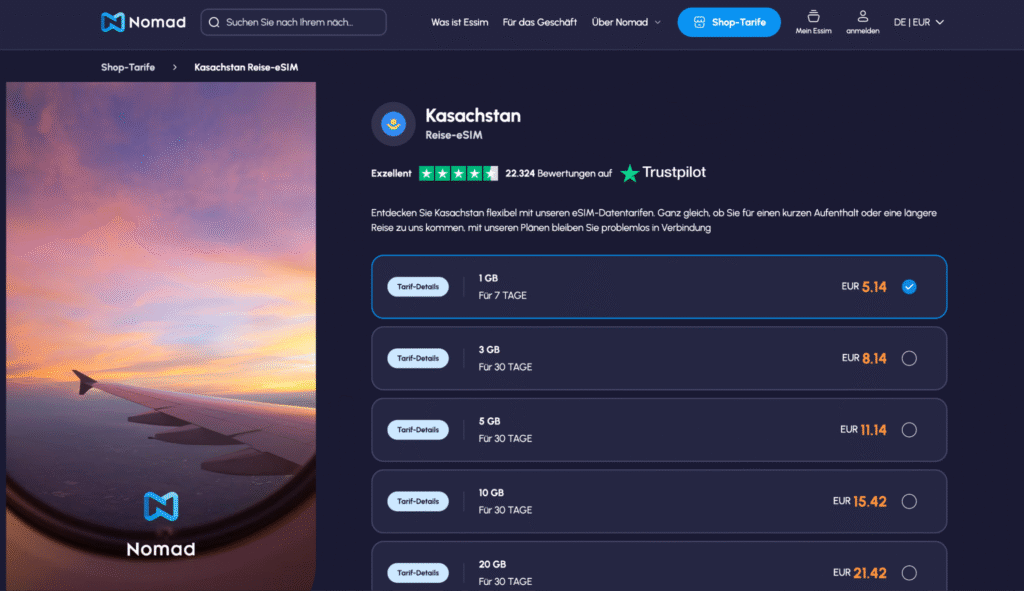 eSIM Kasachstan Nomad – transparente Preise und einfache App Verwaltung