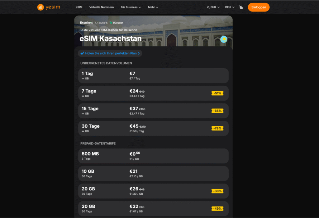 eSIM Kasachstan Yesim – unbegrenzte Daten mit VPN und virtueller Telefonnummer