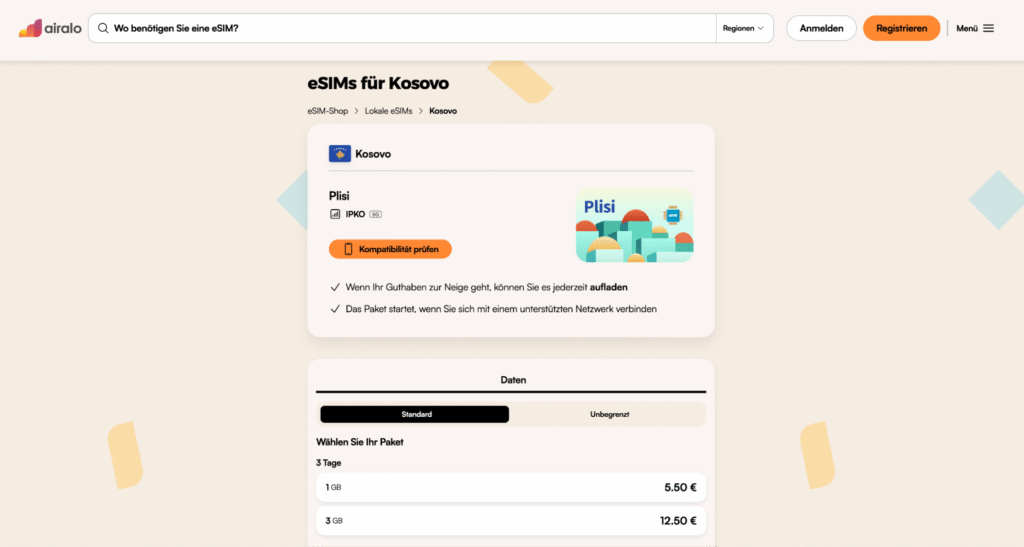 eSIM Kosovo Airalo – flexible Prepaid Pakete für Kurzreisen
