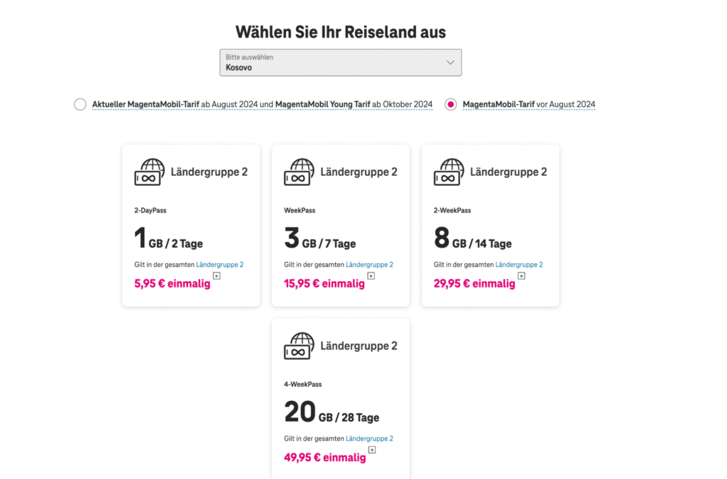 Roaming Kosovo mit der Deutschen Telekom – MagentaMobil Ländergruppe 2 mit Datenpässen bis 20 GB