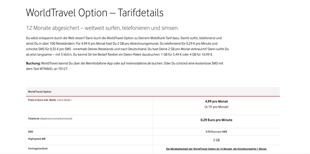 Roaming mit Vodafone – WorldTravel Option für über 100 Länder mit 2 GB Datenvolumen