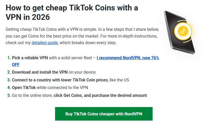 Cybernews empfiehlt NordVPN für günstigere TikTok Coins