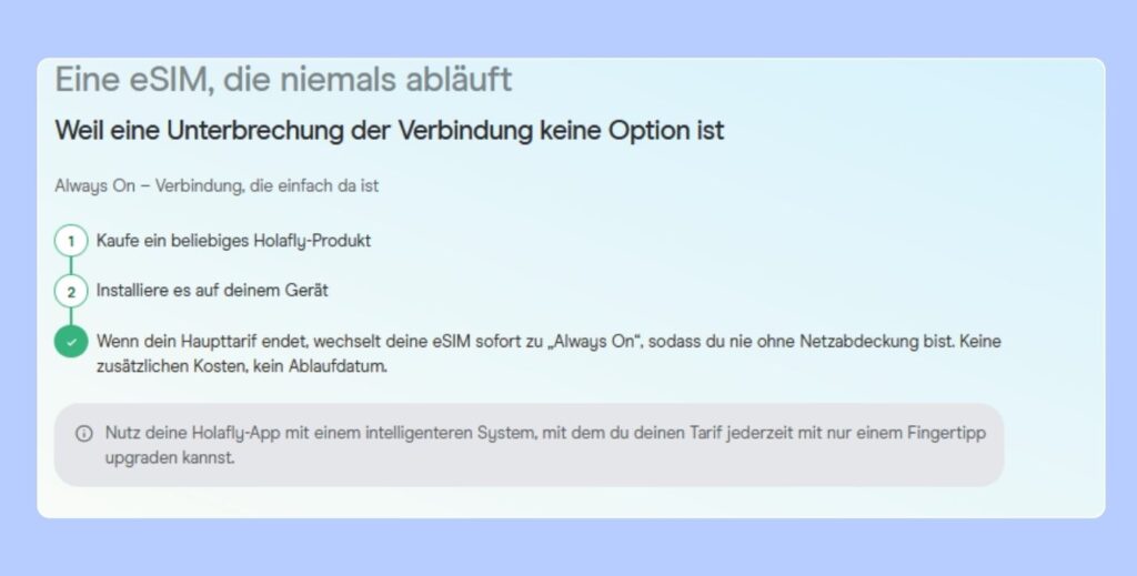 Erklärung zu Holafly Always On auf der Holafly Website