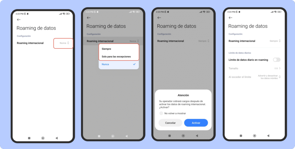 Captura de pantalla que muestra cómo acceder a los ajustes avanzados de red en un teléfono Xiaomi. Desde el menú de configuración, se ingresa a “Tarjetas SIM y redes móviles”, luego a la SIM correspondiente, y finalmente a la opción “Ajustes avanzados”, donde se encuentra la configuración de roaming de datos.