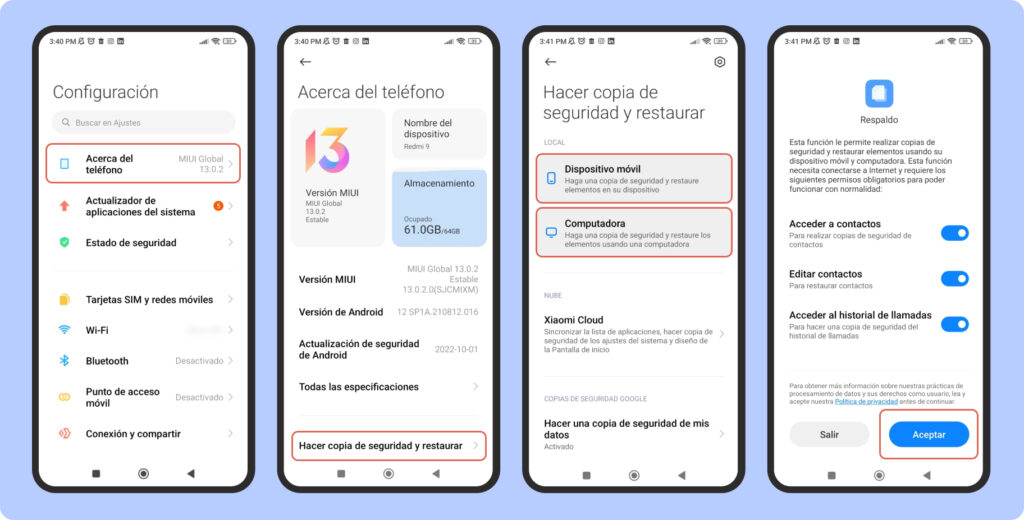 Pasos para copia de seguridad antes de actualizar apps en Android