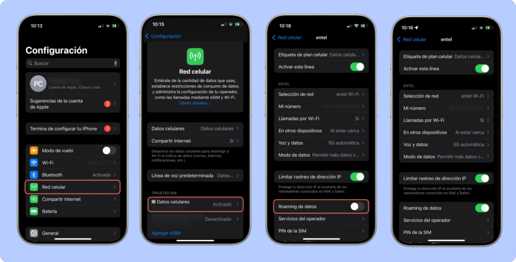 Captura de pantalla de cuatro pasos para activar el roaming de datos en un iPhone. Desde el menú de “Configuración”, se accede a “Red celular”, luego a “Datos celulares”, y finalmente se activa el interruptor “Roaming de datos” en la sección del operador. La interfaz es en modo oscuro y cada paso está marcado con bordes rojos.