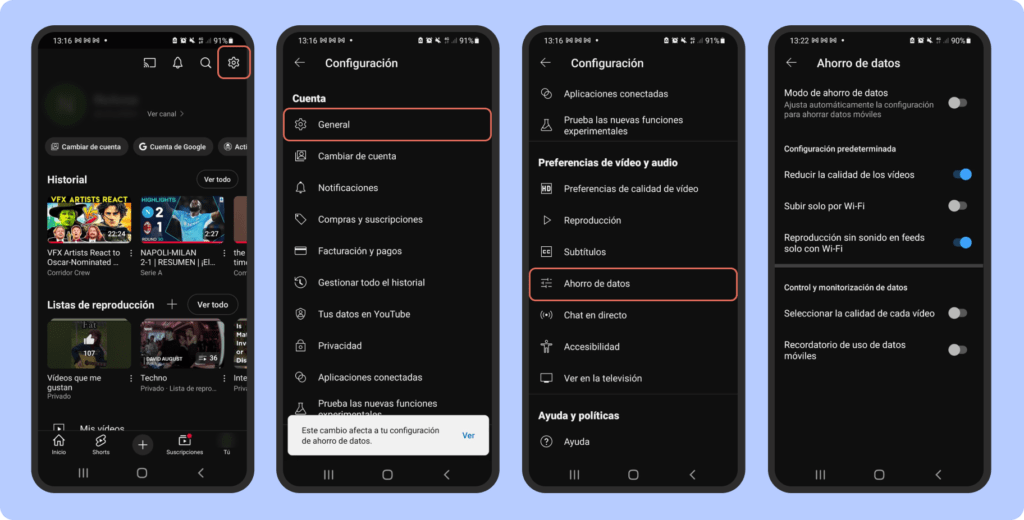 Configuración de ahorro de datos paso a paso en Android