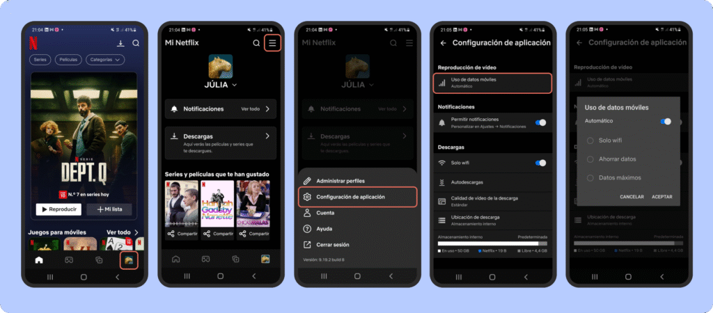 ¿Cuántos datos consume Netfllix? Pasos en pantalla para configurar el uso de datos móviles en la app de Netflix en Android: desde el menú principal hasta seleccionar opciones como Solo Wi-Fi, Ahorrar datos o Datos máximos.