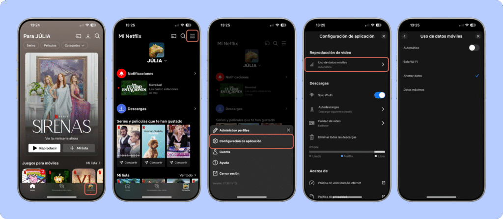 Pasos para configurar el uso de datos móviles en la app de Netflix en iPhone: desde el menú principal hasta elegir entre las opciones Automático, Solo Wi-Fi, Ahorrar datos o Datos máximos en la sección de reproducción de video.
