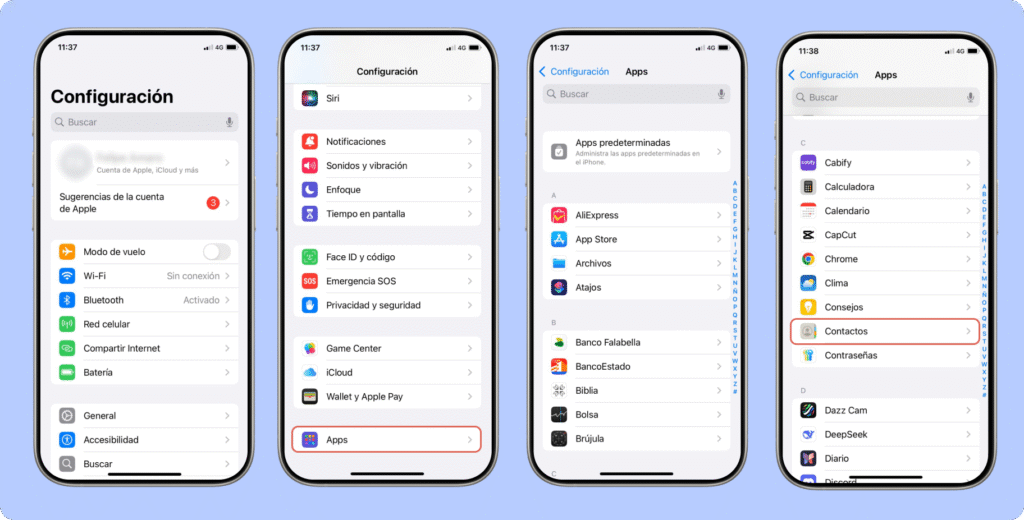 Serie de ocho pantallas de un iPhone que muestra cómo importar contactos desde la tarjeta SIM en iOS. El proceso comienza en Configuración > Apps > Contactos, donde se encuentra la opción “Importar contactos de la SIM”. El usuario elige el destino (iCloud o Gmail), y se confirma que los contactos están siendo importados.