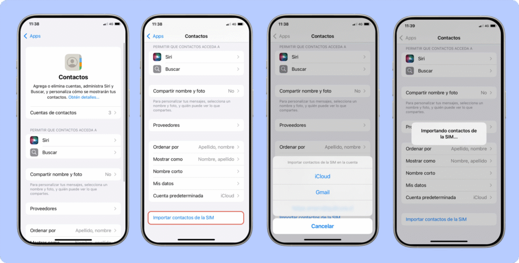 Serie de ocho pantallas de un iPhone que muestra cómo importar contactos desde la tarjeta SIM en iOS. El proceso comienza en Configuración > Apps > Contactos, donde se encuentra la opción “Importar contactos de la SIM”. El usuario elige el destino (iCloud o Gmail), y se confirma que los contactos están siendo importados.