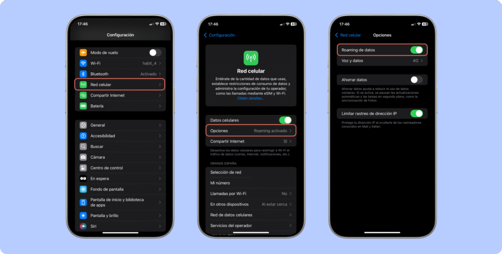 guía visual de 3 pasos para activar roaming en un iPhone