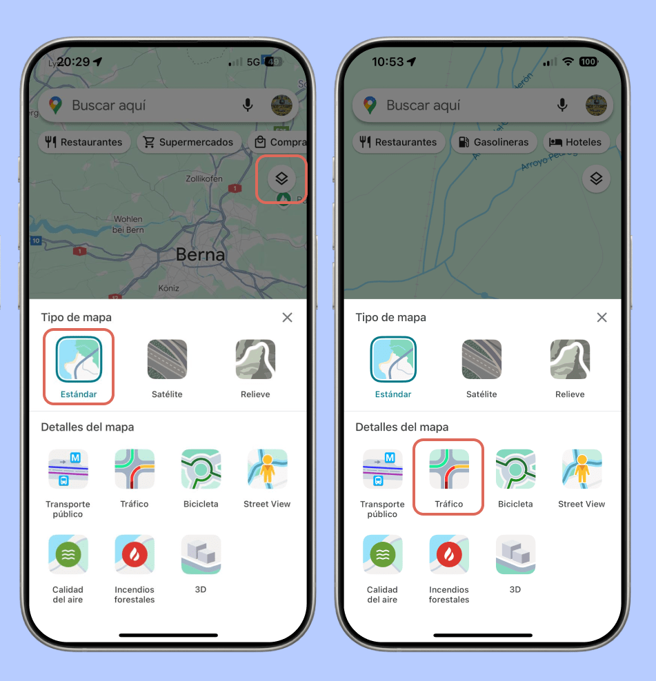 Capturas de pantalla de Google Maps en iPhone mostrando cómo acceder al menú de capas para cambiar el tipo de mapa (estándar, satélite, relieve) y activar detalles como tráfico en tiempo real, transporte público y calidad del aire.