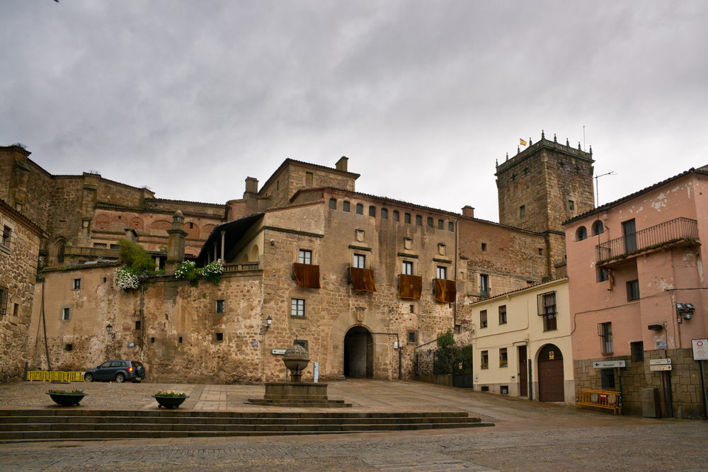 St Nicolas square and Mirabel palace, Plasencia, Caceres province, Extremadura, Spain