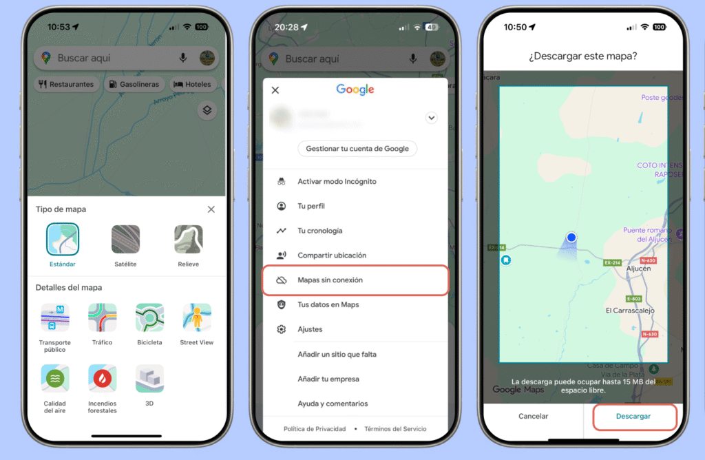 Capturas de pantalla de Google Maps en iPhone mostrando cómo seleccionar el tipo de mapa, acceder a los mapas sin conexión desde el menú de usuario y descargar un área específica del mapa para usarla sin conexión.
