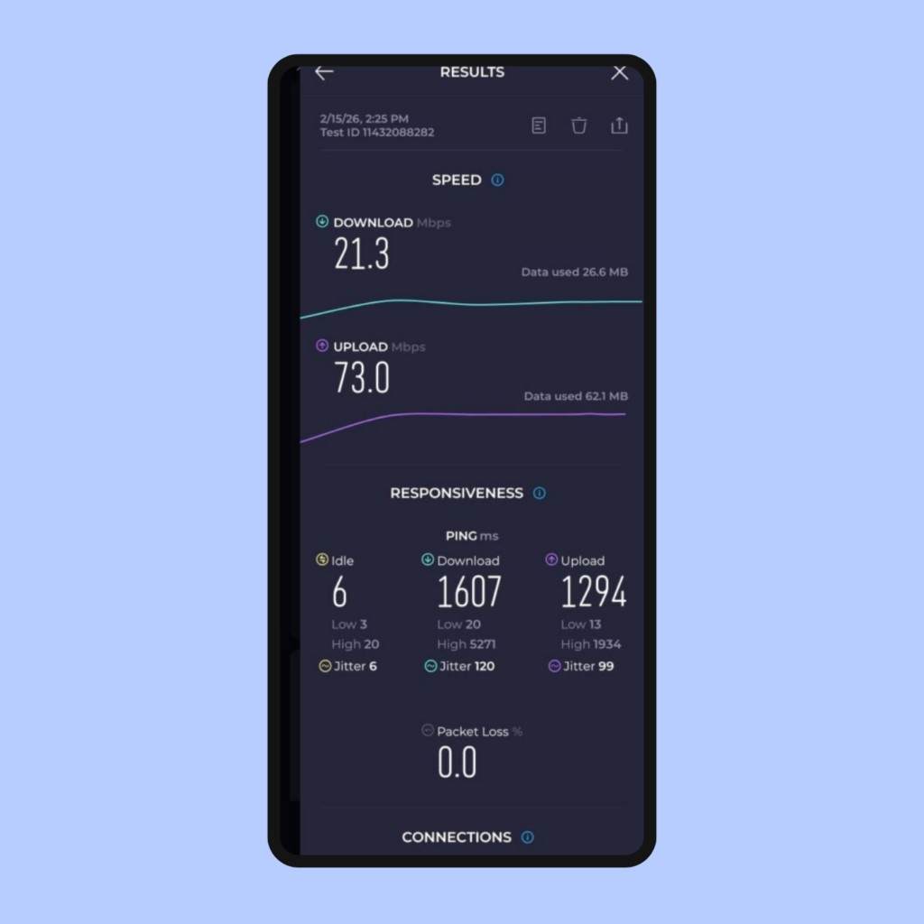 Captura de pantalla de un test de velocidad en el móvil: 21.3 Mbps de descarga, 73.0 Mbps de subida, ping alto (1607 ms descarga, 1294 ms subida), 0% de pérdida de paquetes y gráficos de rendimiento.