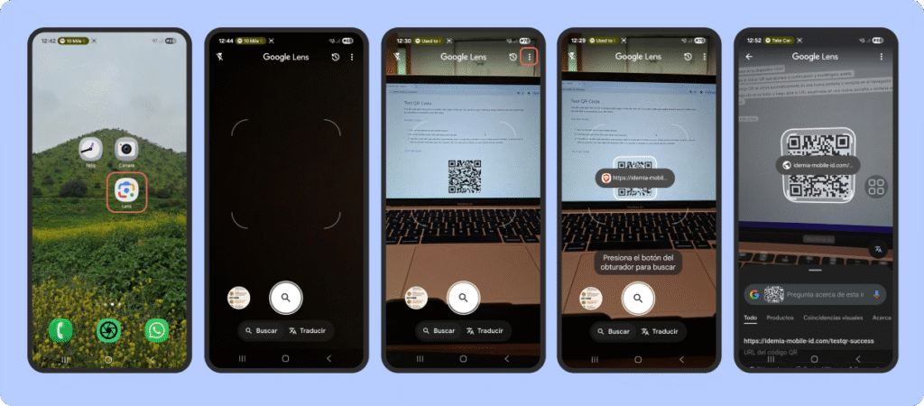 Guía para escanear un código QR con Google Lens en Android: abrir la app, enfocar al QR y obtener el enlace con opciones de búsqueda o traducción.